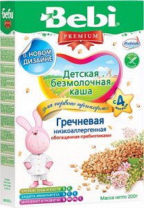 Bebi Premium Каша молочная Гречневая низкоаллергенная с пребиотиками с 4 мес. 200 г