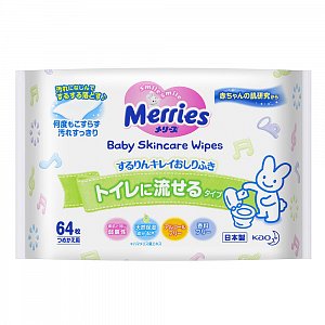 Merries Салфетки влажные Flushable 64 шт. сменный блок