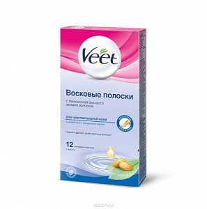 Veet Полоски восковые с витамином Е и миндальным маслом 12 шт. для чувствительной кожи