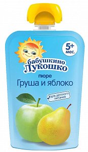 Бабушкино лукошко Пюре Груша и Яблоко 90 г пауч 5м+