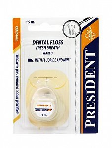 PresiDENT Зубная нить Флосс мятный вощеный с фтором и мятой 15 м