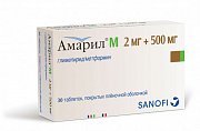Амарил М таблетки покрытые пленочной оболочкой 2 мг+500 мг 30 шт. Амарил М таблетки покрытые пленочной оболочкой 2 мг+500 мг 30 шт.