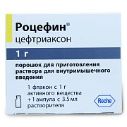 Роцефин порошок для приготовления раствора для внутримышечного введения 1 г 1 шт.в комплекте с растворителем лидокаином 1% 3,5 мл 1 шт. Роцефин