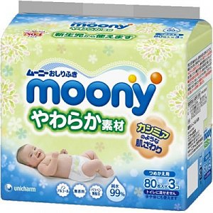 Moony Салфетки влажные мягкие для детей запасной блок 80х3 шт.