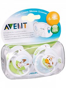 Avent Пустышка cиликоновая Домашние животные 6-18мес 2шт