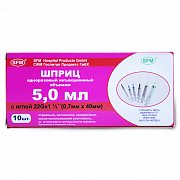 Шприц SFM Hospital трехкомпонентный 5 мл 10 шт. игла 22G 40 мм Шприц SFM Hospital трехкомпонентный 5 мл 10 шт. игла 22G 40 мм